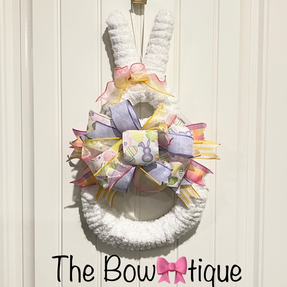 White Fluffy Yarn & Ribbon Bunny Wreath for Easter 19”L #3
